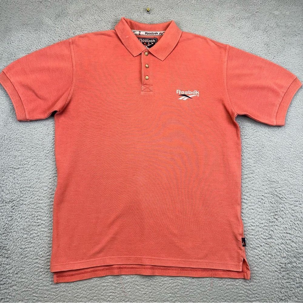 Vintage Reebok Polo Shirt Mens Small Orange Pink Knit‎ 90s Logo Casual Classic